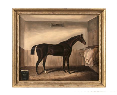 SAMUEL SPODE (FL.1825-1858)Ivanhoe: A bay hunter in a stable, his rug and bucket with the initials C.AOil on canvas, 50 x 60c