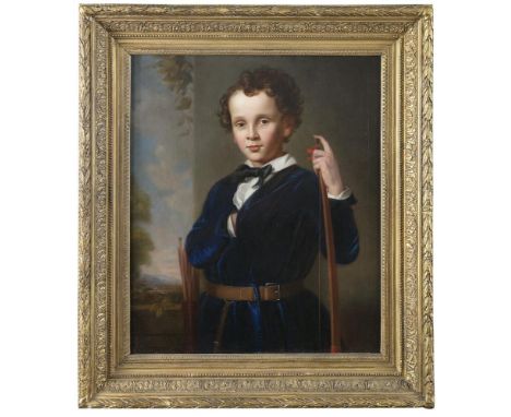 19TH CENTURY SCHOOLA portrait of Mr Hume, of Humewood Castle, as a boy, holding a bow and with a quiver of arrowsOil on canva