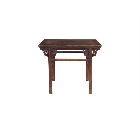 A 19TH CENTURY CHINESE STAINED WOOD RECTANGULAR ALTAR TABLE, on turned supports with scroll terminals and double stretchers. 