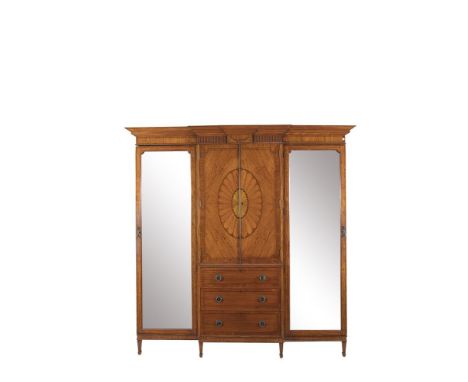 AN EDWARDIAN INLAID SATINWOOD WARDROBE, fitted twin panel doors above three long drawers flanked by mirror panel doors and ra