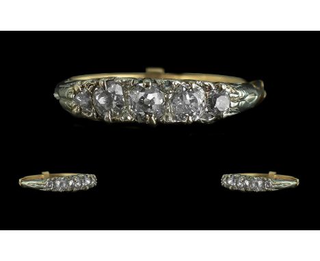 Victorian Period - Attractive 18ct Gold 5 Stone Diamond Set Ring. Gallery Setting. Marked 18ct to Interior of Shank. The Cush