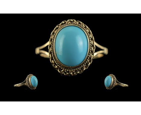 Ladies 9ct Gold Single Turquoise Set Ring, ornate setting, full hallmark to shank.  Ring size L.  Weight 2.8 grams.  Excellen