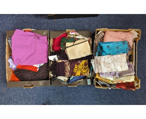 Quantity of Vintage Silk Scarves, various designs and makes, all colours, over 30 in total, together with a crochet wrap, etc