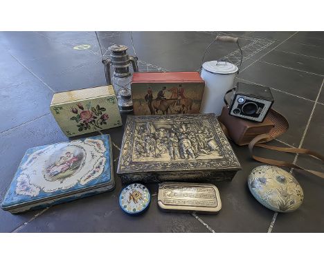 Box of Collectibles including a Tilley lamp, assorted vintage tins, various boxes and a box camera.
