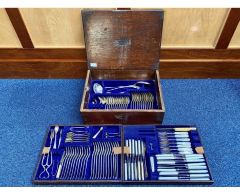 Vintage Oak Box Containing Cutlery, comprising assorted knives, forks, spoons, serving spoons, etc.  Three layers.  Box measu