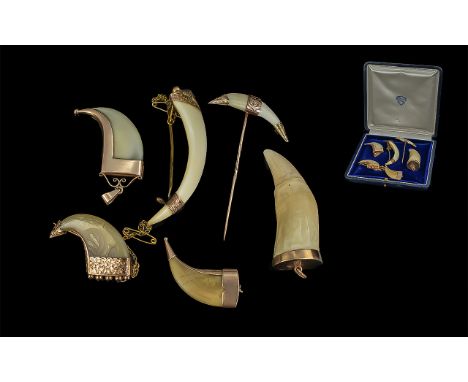 Good Collection of Antique and Vintage 9ct Gold Banded "Horn of Plenty" Brooches/ Pendants, six in total, one marked 14ct, on