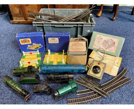 Railway Interest - Box of Model Railway Items, including a quantity of track, two Hornby DI Level Crossings, Victor transform