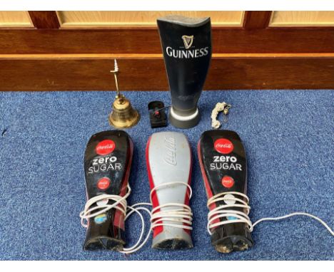 Advertising Interest - Three Coca Cola Pub Lights, and a Guinness pub light. Together with a brass bell.