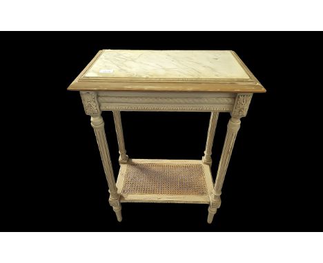 Small Hall/Occasional Table, with marble effect top, lower rattan shelf, raised on four column legs.  Measures 21" wide x 14"