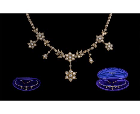 Victorian Period 1837-1901 Superb Quality 15ct Gold Seed Pearl Set Necklace - Pleasing Design, Marked 15ct. Complete With Ori