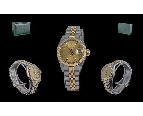 Rolex Oyster Perpetual Date Just Automatic Chronometer Ladies 18ct Gold & Steel Wrist Watch - Lugs Marked 468. Features A Cha