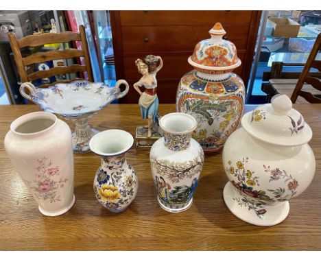 Box of Collectible Porcelain & Pottery, including Spode large lidded pot, Melba Ware vase, Italian decorated vase, Italian ca