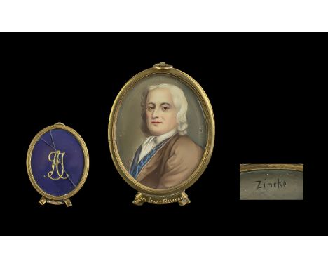 An Antique Portrait Miniature of Sir Isaac Newton, signed to right side Zincke and marked to mount Sir Isaac Newton.  Size in