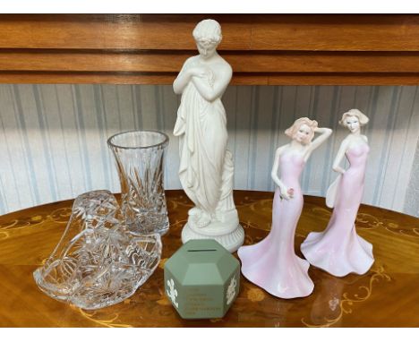 Large White Copeland Style Classical Figure, 15" high, together with two Coalport Silhouettes figures 'Sally' and 'Eleanor', 