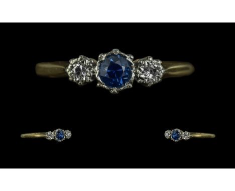 Ladies 18ct Gold Petite Three Stone Diamond and Sapphire Set Ring, marked 18ct to interior of shank; diamonds and sapphire of