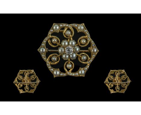 Antique Period - Superb and Exquisite 15ct Gold Diamond and Seed Pearl Set Circular Open-worked Brooch. The Central Faceted D