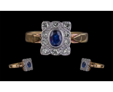 Antique Period Art Nouveau Design 18ct Gold Sapphire and Diamond Set Ring of rectangular form, the central blue sapphire, of 