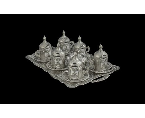 Turkish Tray With Six Cups & Saucers, and a lidded sugar pot, ceramic inner cups with decorative intricate coverings with han
