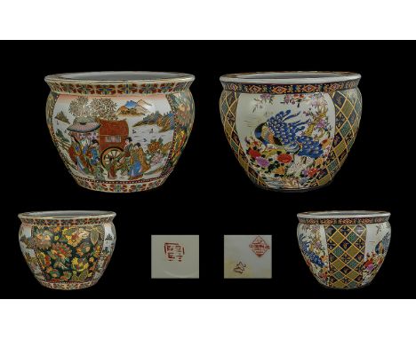 Two Decorative Ceramic Oriental Fish Bowls/Jardinieres height 8 inches 10 inches wide.