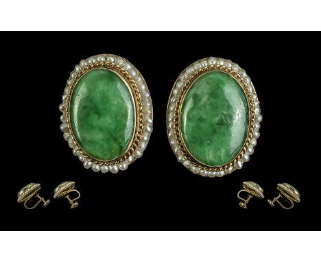 Ladies Pair of Attractive 14ct Gold Jade and Pearl Set Earrings. Marked 14ct. Jade of Excellent Colour, Pearls of Good Lustre