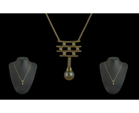 Ladies - Superb Quality Attractive 18ct Gold Diamond Set Necklace with Single Pearl Drop. Marked 18ct - 750. Excellent Design