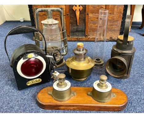 Railway Interest - A GWR Railway Lamp, brass plaque to front with GWR marked, measures 13" tall, fitted plug. Together with a