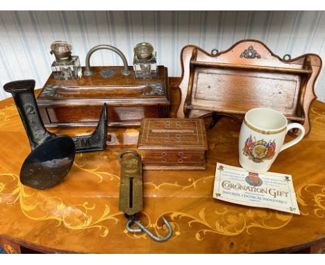 Collection of Vintage Items, comprising a wooden desk tidy with two glass inkwells, measures 14" x 3.5" plus inkwells, a wood