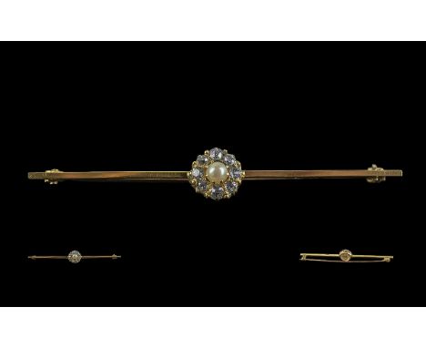 Antique Period Attractive Diamond & Pearl Set Cluster Stick Brooch, marked 18ct.  Old cut diamonds of good colour, weight 3.8