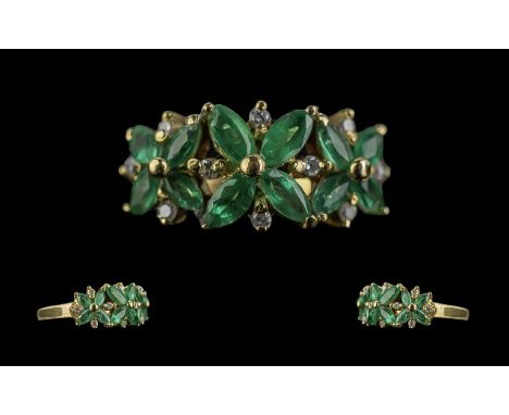 Ladies Excellent Quality 18ct Gold Emerald and Diamond Set Dress Ring of Pleasing Design. Full Hallmark to Interior of Shank.