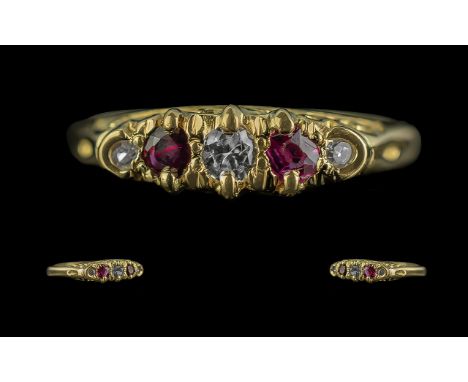 18ct Gold - Pleasing Ruby and Diamond Set Ring, Ornate Raised Setting Marked 18ct to Interior of Shank. Rubies and Diamonds o