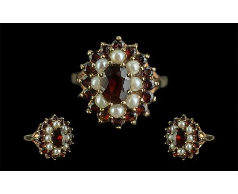 Ladies - Attractive 9ct Gold Garnet and Seed Pearl Cluster Ring. Excellent Setting. Full Hallmark for 9ct - 375. The Well Mat