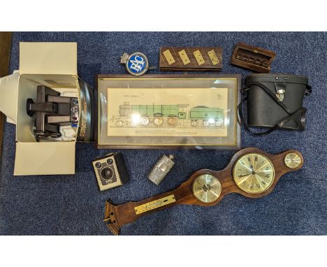 Box of Good Collectibles, including a Barometer, Binoculars, Box Brownie, Polaroid Super Swinger Land Camera, hip flask, vint