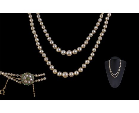 Victorian Period 1837 - 1901 Fine Quality Double Strand Cultured Pearl Necklace with pearl set 9ct gold clasp, marked 9ct, th