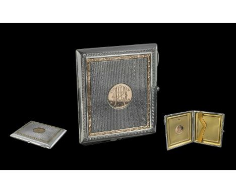 A Superior Quality 9ct Gold & Sterling Silver Cigarette Case, with gold Greek-Key design borders.  Gold gilt interior with 9c