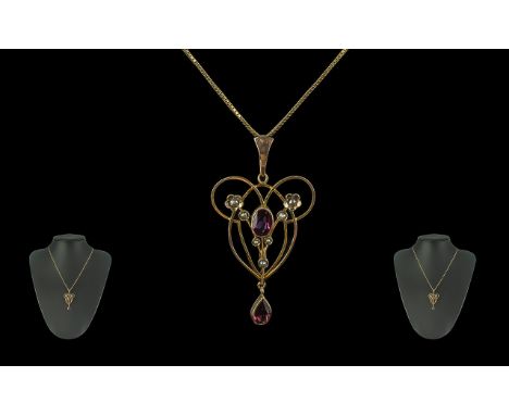Edwardian Period 1901 - 1910 Attractive 9ct Gold Open-Worked Pendant - Set with Amethyst and Seed Pearl, With 9ct Gold Chain.