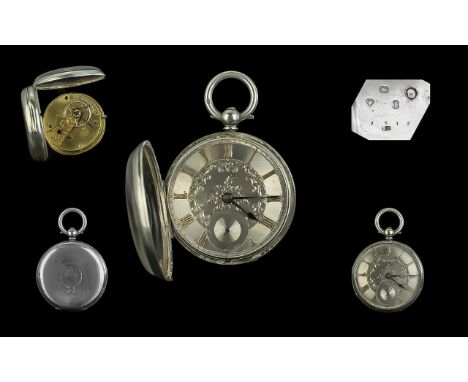 Mid-19th Century Sterling Silver Open Faced Keywind Pocket Watch, with ornate silver dial, hallmark London 1865.  Gold marker