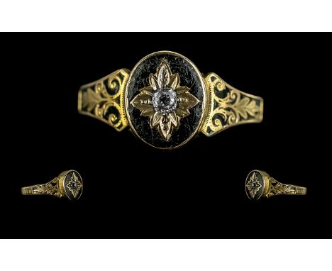 Victorian Period 1937 - 1901 15ct Gold Black Enamel and Diamond Set Ring. Ornate Setting - Which Extends Down the Shank. Full