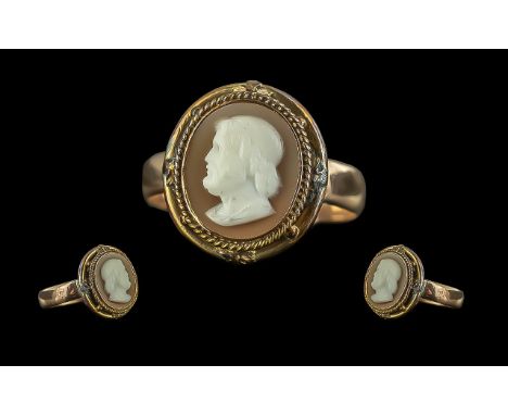 Antique Period Pleasing 9ct Gold Band Cameo Set Ring. Marked 9ct, W.M ( Maker ) to Interior of Shank. Ring Size Q. Weight 4 g