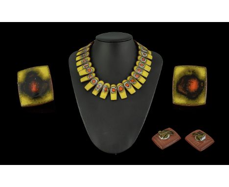 Danish Superb 1960's Handmade Bronsted Ceramic Necklace with matching earrings.  Wonderful yellow and orange colour.  Signed 