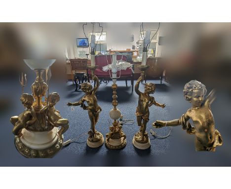 Pair of Large Cherub Table Lights, each depicting a cherub holding a torch aloft.  Measure 35" high (no shades).  Together wi