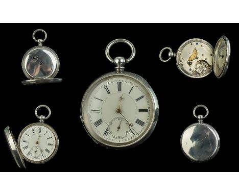 Swiss - Silver Keywind Open Faced Pocket Watch, Lever Movement.  Marked 93.5 Silver.  White enamel dial, Roman numerals.  Cas