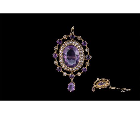 Victorian Period 1837 - 1901 Pleasing and Attractive 9ct Gold Amethyst and Seed Pearl Set Brooch/ Pendant, marked 9ct, the la