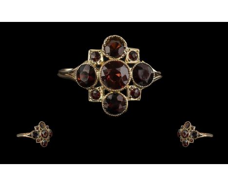 Ladies Attractive 9ct Gold Garnet Set Cluster Ring, Excellent Design. Full Hallmark for Chester 1929 to Interior of Shank. Ri