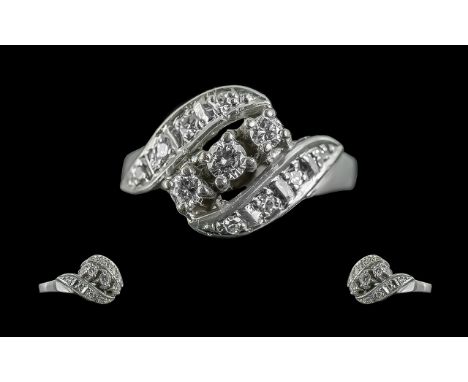 14ct White Gold Attractive Diamond Set Dress Ring - Marked 14ct To Shank. The Central 3 Round Faceted Diamond Of Good Colour 