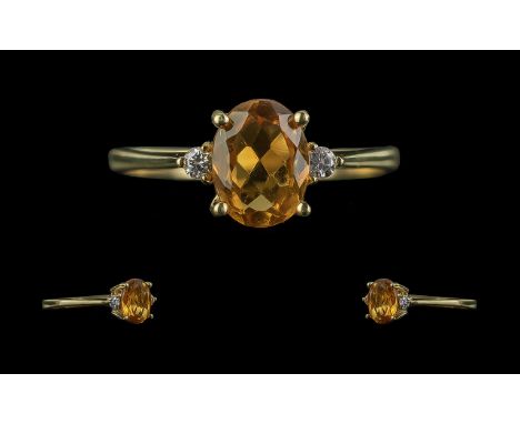 Ladies - Attractive 9ct Gold Orange Topaz and Diamond Set Ring. Marked 9ct to Shank. The Orange Faceted Topaz of Excellent Co