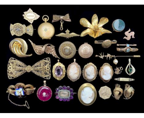 Collection of Vintage & Antique Brooches, including cameos on yellow metal, lockets, enamel violet brooch, bar brooch with sw