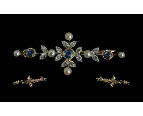 Antique Period Pretty 15ct Gold Sapphire-Seed Pearl and Diamond Set Brooch, not marked but tests as gold; excellent design, w