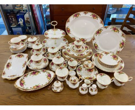 Royal Albert 'Old Country Roses' Tea/Dinner Service, comprising a two-tier cake plate, 12 ups, 11 saucers, 3 side plates, 5 s