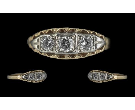 Ladies - 14ct Gold Attractive 3 Stone Diamond Set Ring. Excellent Design / Setting. Marked 14ct to Shank. The 3 Round Faceted