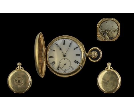 English 1920's Gold Plated - Full Hunter Quarter Repeater Keyless Pocket Watch. Features White Enamel Dial, Repeating Movemen